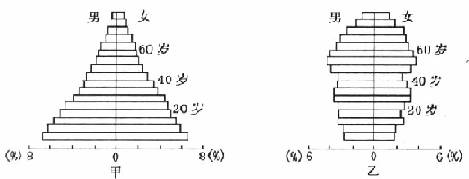 下图为"甲,乙两国人口年龄结构金字塔图".图中分别反映了两国不同