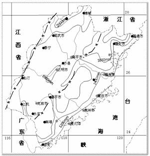 福建省年等降水量分布图和福建省地形剖面图; 中国地形剖面图; 分区一