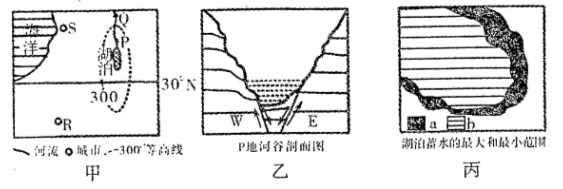 图甲为世界某区域示意图,图乙反映甲图中p地河谷剖面,图丙反映图甲