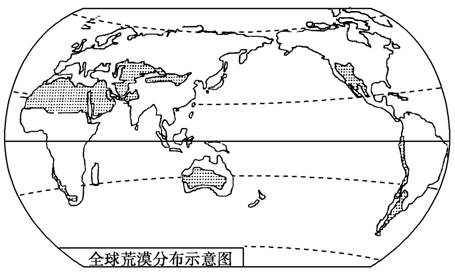 读全球荒漠分布示意图,回答1—3题.