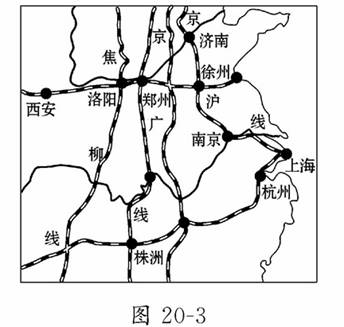 读中国部分铁路干线图20-3,完成1,2题.