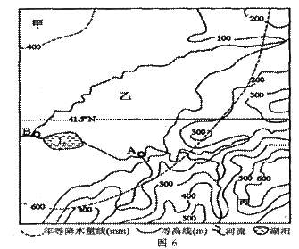 图6为"我国东部某地区地形等高线及年等降水量线图".